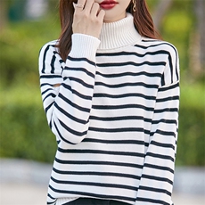 2025秋冬100%纯棉线高翻领加厚宽松款打底衫女条纹保暖针织衫毛衣，女装针织衫/毛衣，斯美雅电商供货