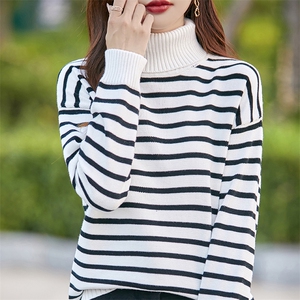 2025秋冬100%纯棉线高翻领加厚宽松款打底衫女条纹保暖针织衫毛衣图片