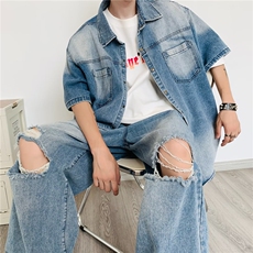 美式高街牛仔套装男韩版潮流破洞个性2023夏季ins长裤W4925-P88，男装休闲套装，星座412-2