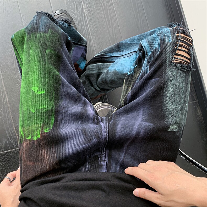 美式ins高街hiphop破洞多巴胺彩色涂鸦牛仔货号K2306P55图片