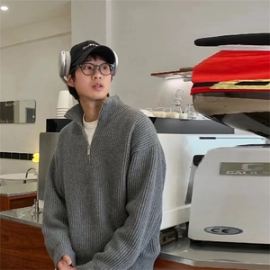 抖音得物 保暖立领拉链针织外套秋冬宽松慵懒风纯色毛衣上衣AM01图片
