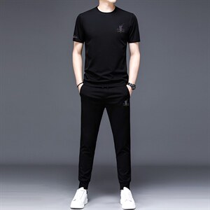 夏季中老年人短袖t恤男士冰丝宽松两件套2023新款中年夏装套装,男装休闲套装,电商B212（原钱塘6029）