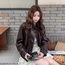 2025秋季新款棕色复古PU皮衣外套女宽松休闲上衣1386，女装皮衣，欣美人