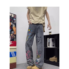 美式高街涂鸦设计感牛仔裤男夏季潮牌复古做旧水洗宽松直筒阔腿裤，男装牛仔裤，星座516A
