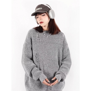 MM285-P48美式潮牌设计感街头嘻哈破洞宽松情侣毛衣图片