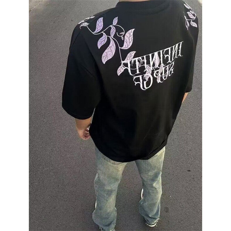 高街花卉刺绣t恤男装2025新款潮牌夏季宽松情侣短袖上衣T531,男装T恤,星座1116A（原606A-3）