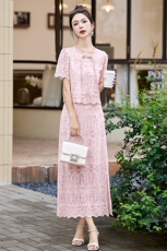改良旗袍套装裙女2024夏季新款气质高级感小香风蕾丝连衣裙两件套，女装连衣裙，拾衣