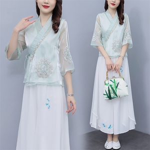 芷墨新款复古女装俩件套改良日常汉服套装超仙绣花中式上衣裤子女