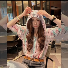 夏季新款欧范连帽洋气条纹衬衫，女装衬衫，L·H·X