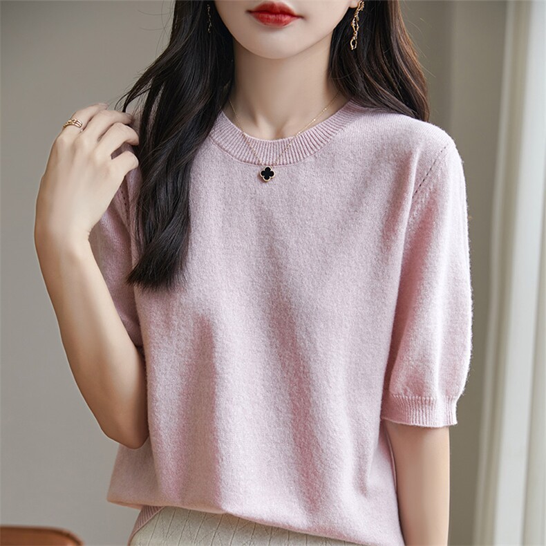 夏季款亲肤丝滑天丝羊毛短袖T恤女圆领凉感宽松半袖上衣针织打底，女装羊毛衫，宏杨羊绒