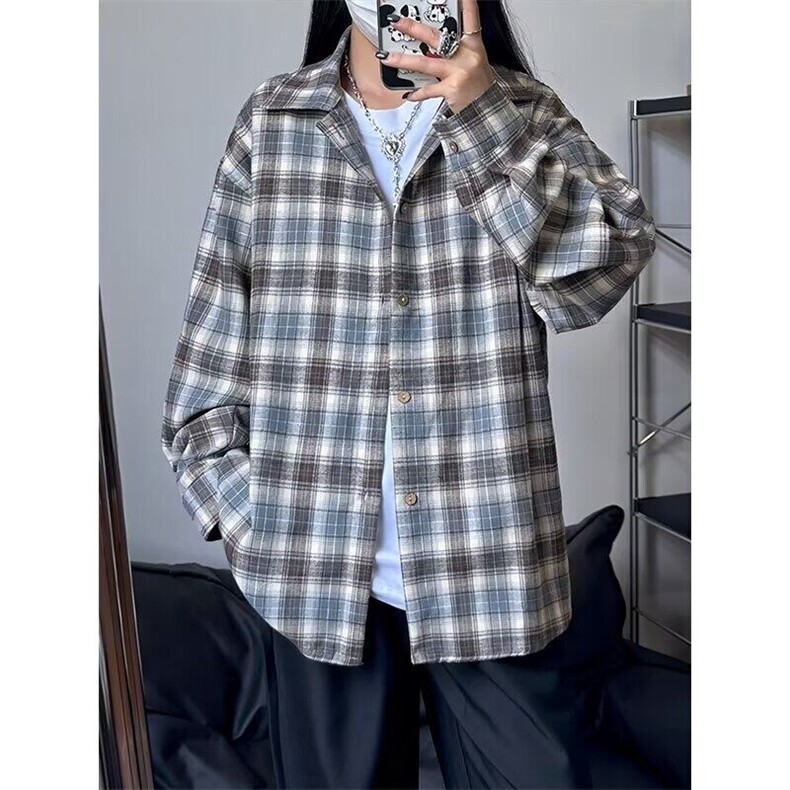 格子衬衫外套男女中性春季新款百搭叠穿宽松慵懒风磨毛衬衣图片