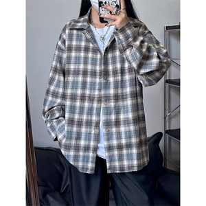 格子衬衫外套男女中性春季新款百搭叠穿宽松慵懒风磨毛衬衣图片