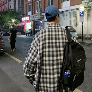港风复古工装格子衬衫男秋冬季长袖潮宽松百搭衬衣休闲 H216/P45图片