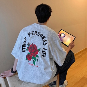 2023夏新款 高品质港风 个性玫瑰印花短袖T恤上衣 T2231-P45图片