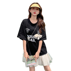 法式俏皮T恤撞色连衣裙女2025夏季新款韩版宽松显瘦网纱拼接短裙图片