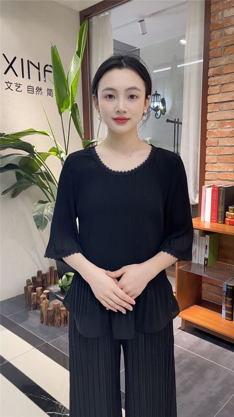 2025蕾丝百褶皱七分袖小衫,女装T恤,雪兔电商全品类