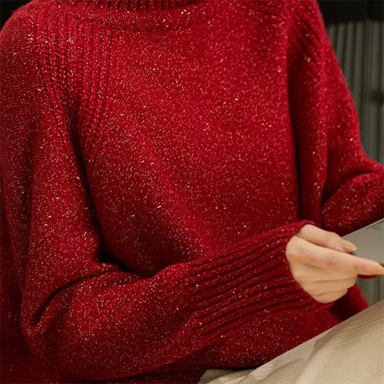 亮丝金豆纱羊绒衫女软糯保暖慵懒毛衣套头2025秋冬高领针织羊毛衫,女装羊毛衫,唯若美羊绒