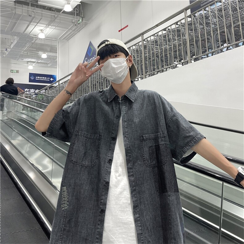 牛仔短袖衬衫男夏季薄款七分袖外套ins潮流宽松衬衣W3247-P48,男装衬衫,星座512-2