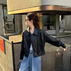 港式复古翻领时尚皮衣女短款2025春新款立领机车服韩系小个子上衣，女装皮衣，2C229