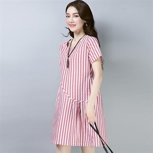 连衣裙2025年夏季短袖中长款竖条A型韩版时尚休闲舒适简约气质图片