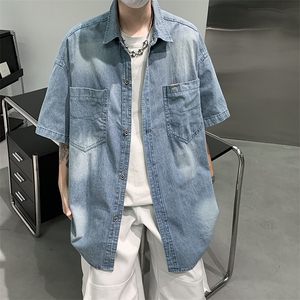 夏款男牛仔短袖衬衫工装大口渐变色贴标宽松水洗衬衣CS0119 P55图片