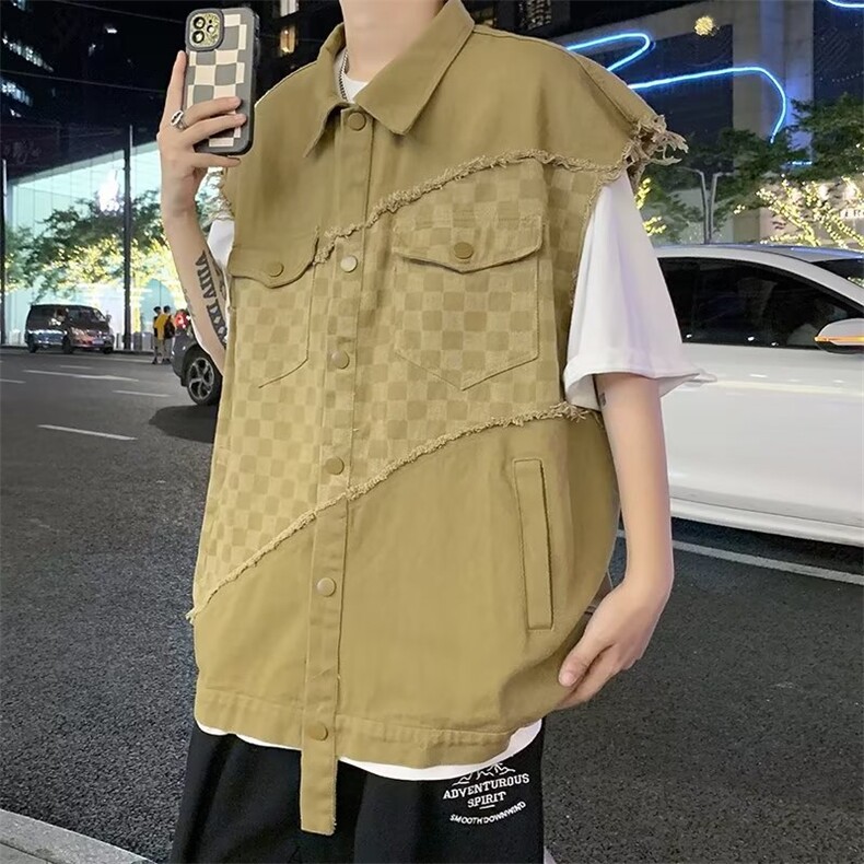 港风高街牛仔马甲男女潮牌宽松工装坎肩痞帅炸街无袖外套X38-P48图片