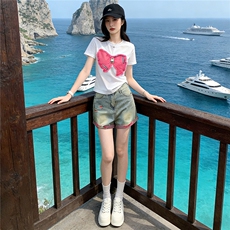 学院风网红时尚套装女夏款圆领刺绣蝴蝶结短袖阔腿牛仔短裤两件套，女装套装/套裙，江南