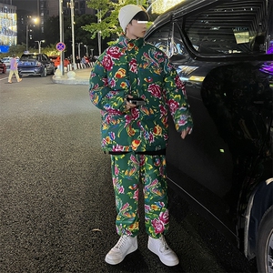 东北大花棉衣套装风汉服套装加厚保暖防寒棉服加绒裤机车H203图片