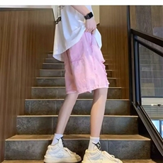 夏季粉红色破洞牛仔裤男时尚薄款松紧裤沙滩旅游多巴胺五分裤，男装牛仔裤，星座506A