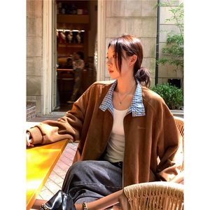 W10452-P68 网图现货 绒面麂皮外套格纹拼接工装休闲宽松复古夹克图片
