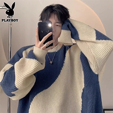花花公子拼色毛衣男士秋冬季慵懒风宽松衣服潮牌男生针织打底衫，男装T恤，星座506A