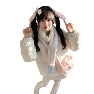 1506-1/M79001/P99撞色立领棉服面包服+围巾女宽松保暖棉衣外套图片