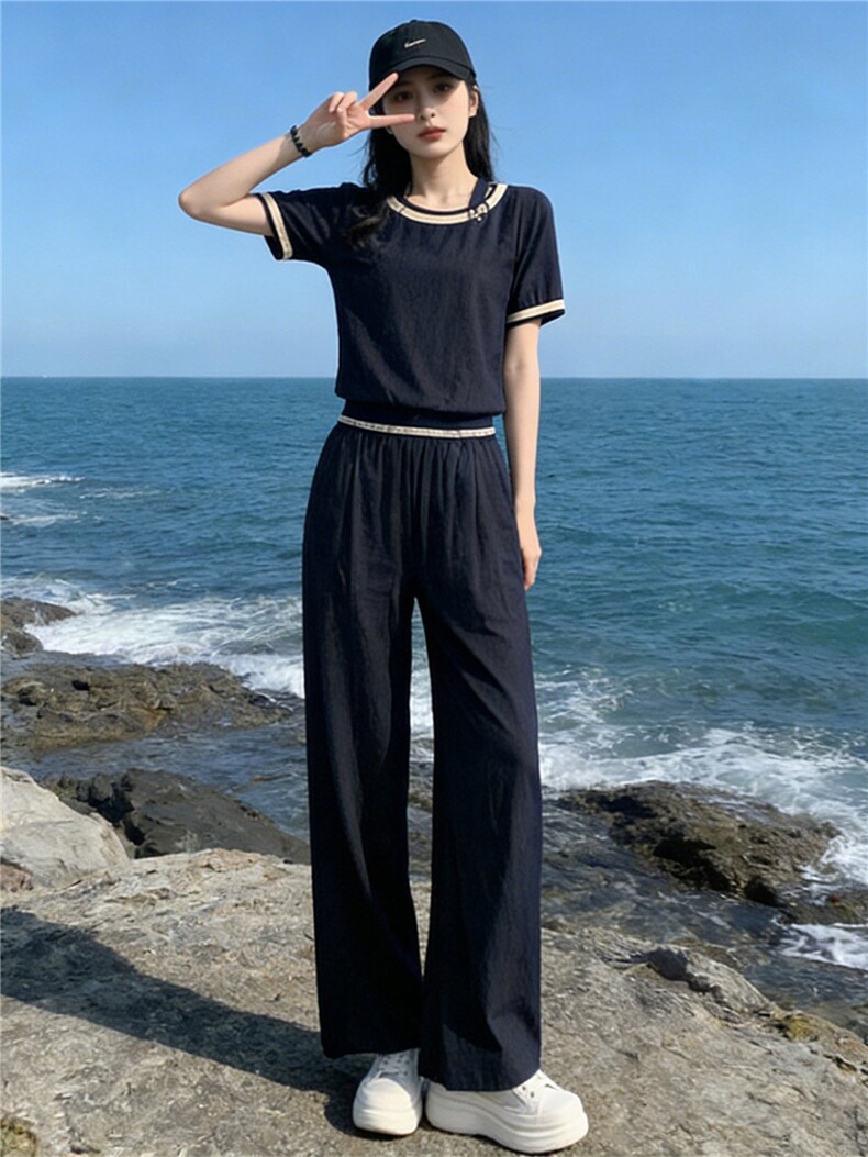 时尚潮流休闲套装女夏季新款高级感显瘦收腰拼接短袖阔腿裤两件套,女装套装/套裙,江南