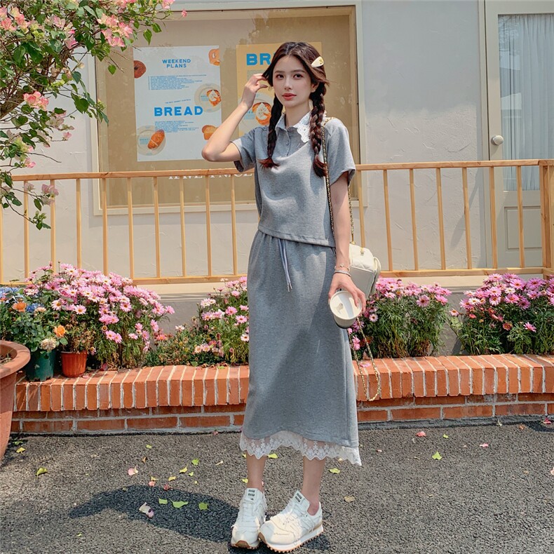 设计感蕾丝拼接T恤套装裙女2025夏季新款高级感休闲半身裙两件套,女装套装/套裙,2C135