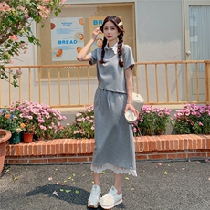 设计感蕾丝拼接T恤套装裙女2025夏季新款高级感休闲半身裙两件套，女装套装/套裙，2C135