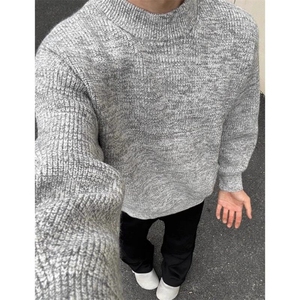 美式复古cleanfit灰色正肩毛衣男款冬季圆领套头内搭打底针织衫潮图片