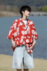 8XL-M冰丝凉感衬衣垂感透气复古花纹宽松男五分袖短袖衬衫CS526，男装衬衫，电商D206-1
