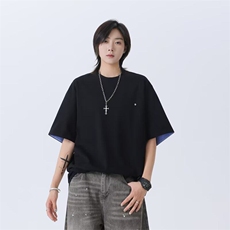 黑色假两件重磅曼巴棉短袖男夏季撞色拼接设计小领口正肩半袖T恤，男装T恤，星座601-1