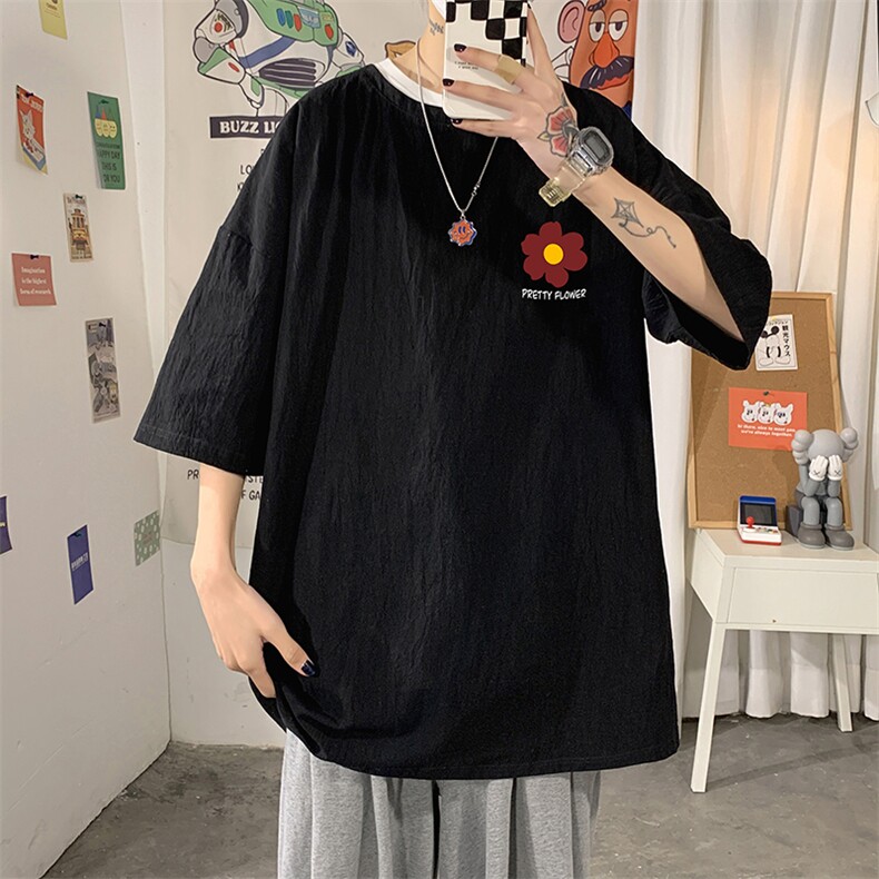 YT26257-P30亚麻短袖t恤男大码五分袖男宽松七分袖海报风,男装T恤,电商A040