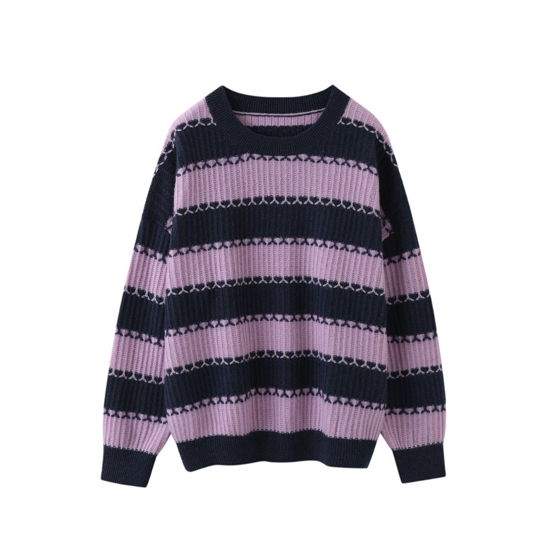 圆领条纹羊绒衫女2024年秋冬新款宽松显瘦长袖针织，女装羊绒衫，温达纯山羊绒