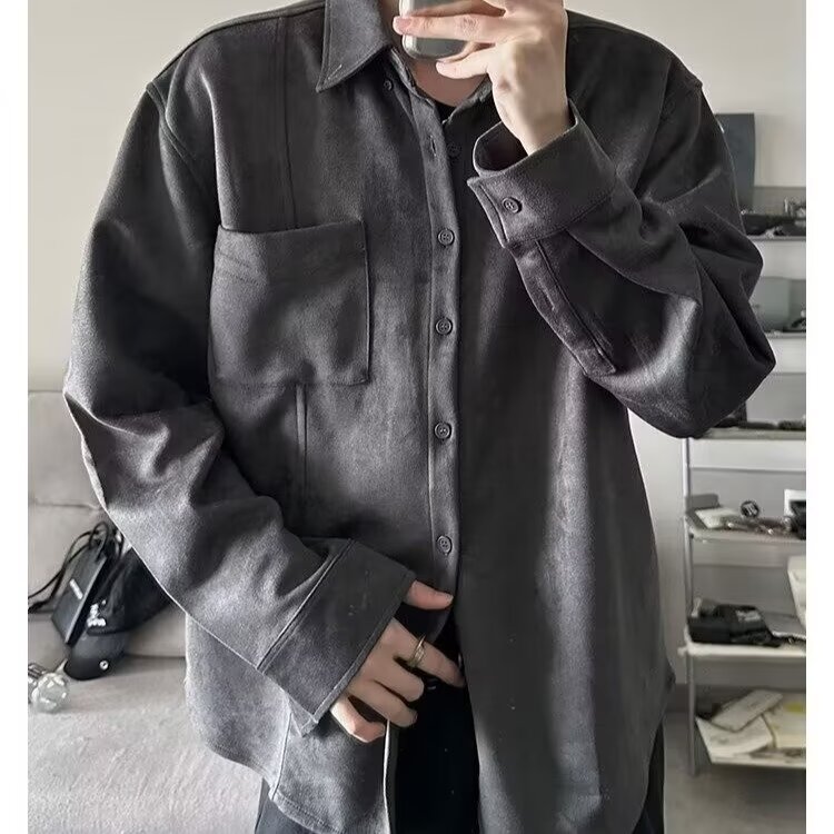 美式复古基础款麂皮绒工装长袖衬衫男垂感宽松休闲高级感衬衣外套,男装衬衫,星座506A
