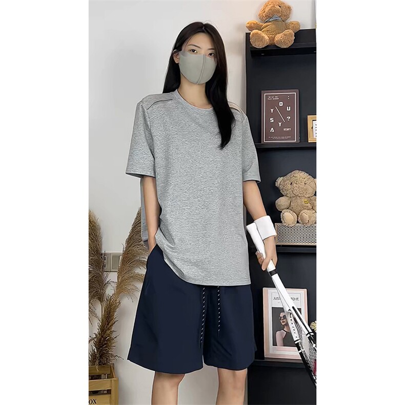 美式简约假两件拼接短袖T恤男女宽松型显瘦圆领上衣T3701-特价P27图片