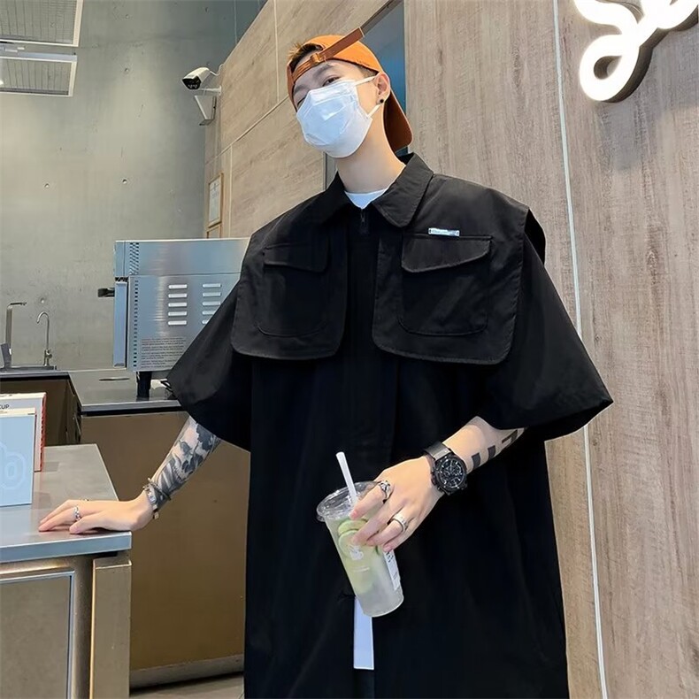 衬衫男ins超火夏季短袖工装衬衣痞帅潮牌炸街发型师男装上衣~C014图片
