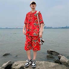TZZ风盘扣T恤裤子大码团队服东北大花套装男女表演出新中式服，男装T恤，星座115A(原星座507）