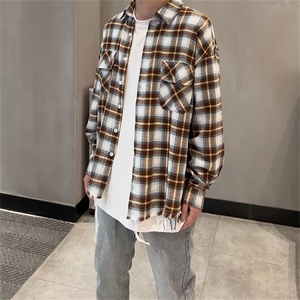 美式复古格子衬衫男长袖百搭春季字母刺绣潮牌情侣休闲外套图片