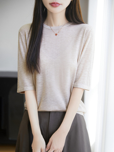 精纺羊毛薄款五分袖针织衫女T恤2025新款宽松显瘦半袖打底上衣t恤图片
