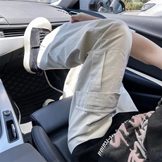 多口袋米白色工装裤男美式潮牌机能直筒高级感垂感阔腿长裤，男装工装外套，星座1013