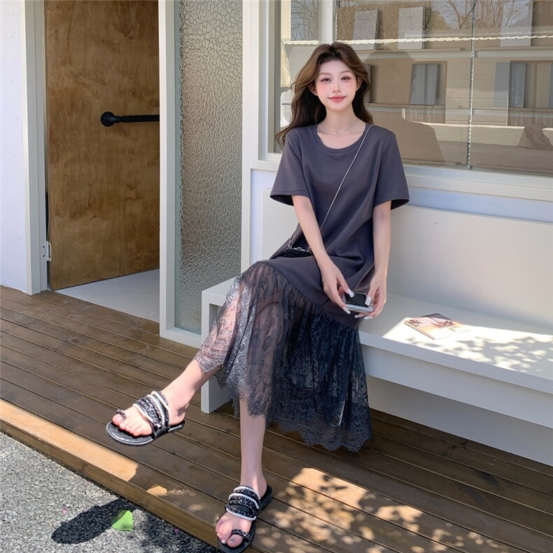 法式温柔风网纱拼接短袖连衣裙女2025夏季新款时尚气质显瘦长裙潮图片