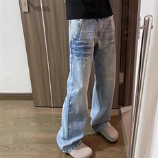 美式复古水洗蓝色宽松休闲牛仔裤男女设计直筒百搭裤子，男装牛仔裤，星座218-1（原230）