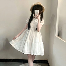 初恋小白裙可爱学院风绣花连衣裙女夏季宽松小个子泡泡袖娃娃短裙，女装连衣裙，星座506A